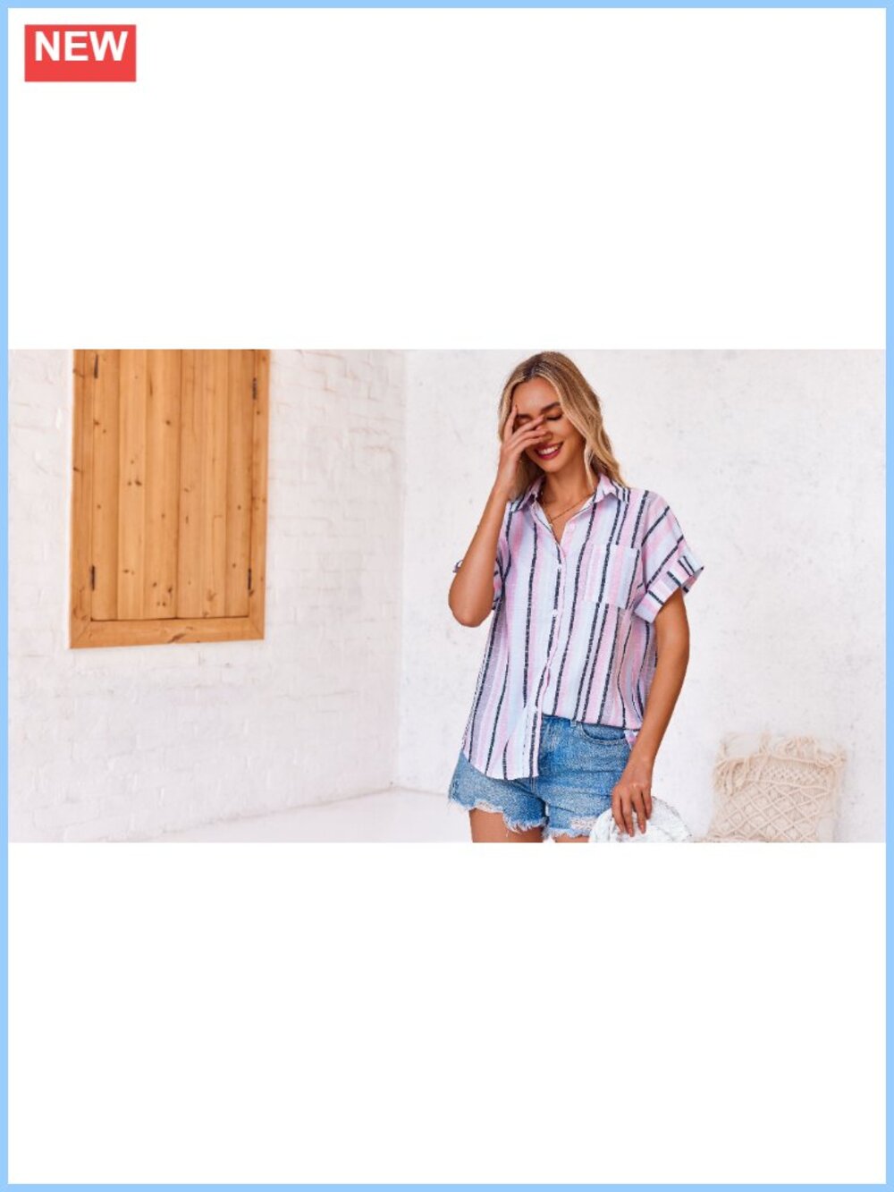 Women's Striped Button Down Blouse Short Sleeve V-Neck Loose Fit Business Work - Picture 6 of 6